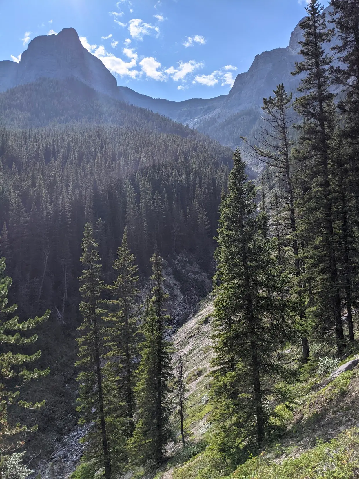 Passing through the canyon between an unnamed peak (left) and Ship's Prow Peak (right).