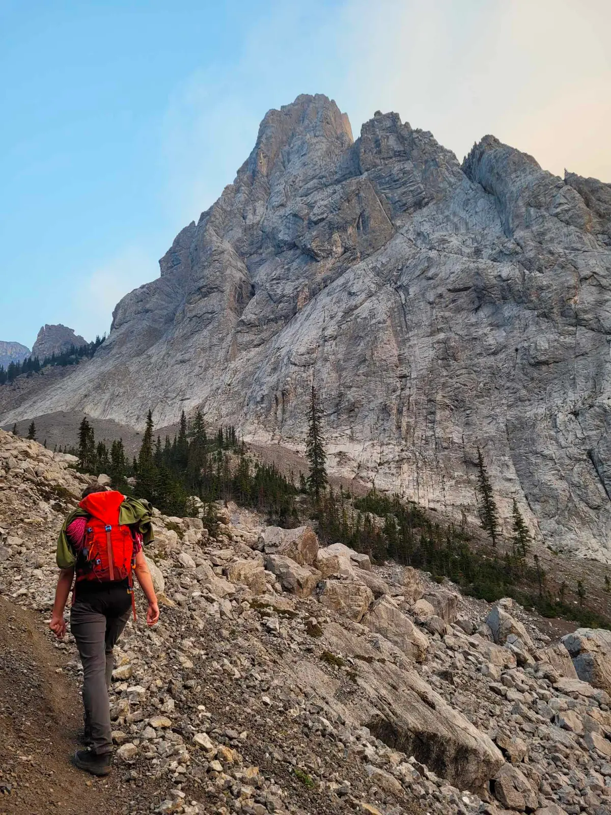 Approaching the base of the Gmoser route on Mt Louis.